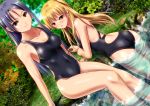  2girls alisa_reinford ass blonde_hair breasts competition_swimsuit dutch_angle eiyuu_densetsu female from_behind laura_s._arzeid long_hair looking_at_viewer looking_back multiple_girls nature one-piece_swimsuit orange_eyes outdoors partially_submerged purple_hair sen_no_kiseki swimsuit twintails two_side_up water yamaoyaji 
