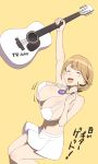  1girl arm_up blush_stickers breasts brown_background brown_hair cleavage closed_eyes female guitar hair_ornament hairclip heart_hair_ornament huge_breasts instrument large_breasts meow_(nekodenki) midriff narusawa_ryouka navel occultic;nine short_hair simple_background skirt smile solo thighs translated 