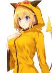  1girl blonde_hair blue_eyes blush breast_suppress breasts cosplay eyebrows eyebrows_visible_through_hair finger_to_face hair_between_eyes hood hooded_jacket jacket long_hair looking_to_the_side motion_lines open_mouth original pokemon raichu raichu_(cosplay) simple_background solo tail white_background yatsu_(sasuraino) 