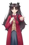  1girl black_hair blue_eyes fate/stay_night fate_(series) highres jeyu outstretched_arm school_uniform simple_background solo tohsaka_rin two_side_up white_background 