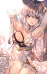  1girl animal_ears bangs bare_shoulders blue_eyes blush breasts cat_ears cleavage dress elbow_gloves erun_(granblue_fantasy) gloves granblue_fantasy hair_ornament highres korwa large_breasts long_hair looking_at_viewer silver_hair simple_background smile solo sweetroad white_background white_gloves 