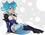  1girl blue_eyes blue_hair boots breasts cleavage evie_(paladins) fingerless_gloves gloves lipstick makeup paladins sitting solo splashbrush teeth twintails 