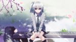  1girl artist_request bench character_request cherry_blossoms copyright_request game_cg necktie silver_hair sitting skirt source_request tagme 