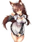  1girl alternate_costume animal_ears apron bad_anatomy bangs black_ribbon black_skirt breasts brown_hair cleavage detached_collar enmaided highres houdukixx imaizumi_kagerou long_hair long_sleeves maid maid_headdress medium_breasts red_eyes ribbon simple_background skirt solo standing tail touhou white_background wolf_ears wolf_tail 