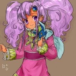  00s 1girl brown_background dark_skin dress frills long_hair meredy purple_hair quickie smile tales_of_(series) tales_of_eternia twintails violet_eyes 