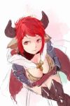  1girl animal_ears armor armored_boots bikini_top boots breast_hold breasts cape cleavage closed_mouth cow_ears cow_horns cross cross_earrings crossed_arms doraf earrings elbow_gloves first_forest from_above gloves granblue_fantasy hood hood_down horns jewelry large_breasts legs_crossed leopard_print leotard npc pink_eyes red_gloves redhead short_hair shoulder_pads sitting sketch solo strum_(granblue_fantasy) thigh-highs thigh_boots zettai_ryouiki 