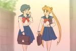  2girls bag bishoujo_senshi_sailor_moon blue_skirt bow closed_eyes friends kobeya_(tonari_no_kobeya) laughing luna_(sailor_moon) mizuno_ami multiple_girls red_bow school_bag school_uniform serafuku skirt tsukino_usagi twintails 