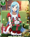  1girl asuna_(sao-alo) blue_eyes blue_hair boots box card_(medium) christmas_tree collarbone couch dress gift gift_box holding_box indoors long_hair looking_at_viewer open_mouth pointy_ears red_dress red_legwear santa_boots santa_costume sitting solo star sword_art_online thigh-highs thigh_boots very_long_hair white_boots wrist_cuffs 