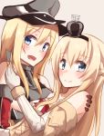  2girls :d bismarck_(kantai_collection) blonde_hair blue_eyes blush braid breastplate crown detached_sleeves dress french_braid hat highres kantai_collection kapatarou long_hair looking_at_viewer military_hat mini_crown multiple_girls off-shoulder_dress off_shoulder open_mouth peaked_cap smile upper_body warspite_(kantai_collection) white_dress 