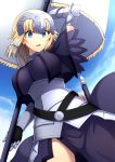  1girl armor armored_dress blonde_hair blue_eyes braid breasts capelet fate/apocrypha fate/grand_order fate_(series) flag gauntlets headpiece highres holding holding_weapon looking_at_viewer open_mouth outdoors oyaji-sou ruler_(fate/apocrypha) single_braid sky solo sword weapon 