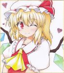  1girl ;) aka_tawashi ascot blonde_hair blush closed_mouth collarbone colored_pencil_(medium) flandre_scarlet frilled_shirt_collar frills hat hat_ribbon heart looking_at_viewer mob_cap one_eye_closed puffy_short_sleeves puffy_sleeves red_eyes red_ribbon ribbon shikishi short_sleeves side_ponytail simple_background smile solo touhou traditional_media upper_body 