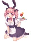  1girl :3 :d animal_ears apron artist_name blueberry bow bowtie breasts bunny_tail cleavage cocktail cocktail_glass cup detached_collar dress drill_hair drinking_glass eyebrows eyebrows_visible_through_hair fake_animal_ears food frilled_dress frilled_sleeves frills fruit full_body hair_bow highres holding holding_tray leaf long_hair maid medium_breasts open_mouth orange original pink_hair puffy_short_sleeves puffy_sleeves rabbit_ears sakura_shiho_(shihoncake) shoes short_sleeves simple_background sitting smile socks solo strawberry tail tray twin_drills twintails underbust violet_eyes wariza white_background white_legwear wrist_cuffs 
