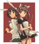 2girls alternate_costume animal_ears apron aqua_eyes back-to-back black_hair brave_witches broom brown_eyes brown_hair cat_ears cat_tail commentary georgette_lemare hair_ribbon ladle maid maid_apron maid_headdress multiple_girls open_mouth rabbit_ears ribbon shimohara_sadako simple_background smile suo_(sndrta2n) tail twintails world_witches_series 