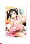  1girl absurdres bed black_hair blush book bow cosmetics dress highres looking_at_viewer love_live! love_live!_school_idol_festival love_live!_school_idol_project mirror pillow pink_dress red_eyes scan see-through short_dress sitting smile solo stuffed_animal stuffed_toy twintails yazawa_nico 