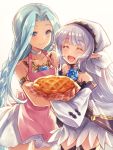  2girls apple_pie apron blue_hair cloak closed_eyes dress flower_ornament food granblue_fantasy hood hooded_cloak konsui_(grcoma) lily_(granblue_fantasy) long_hair lyria_(granblue_fantasy) multiple_girls open_mouth pie 