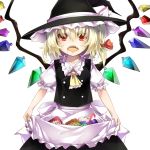  1girl apron apron_basket apron_lift blonde_hair blood blood_from_mouth box candy candy_cane collarbone cosplay cowboy_shot cravat eyebrows eyebrows_visible_through_hair eyelashes fangs flandre_scarlet food gift gift_box hair_ribbon hat hat_ribbon kirisame_marisa kirisame_marisa_(cosplay) looking_at_viewer open_mouth piyodesu puffy_short_sleeves puffy_sleeves red_eyes ribbon short_hair short_sleeves side_ponytail simple_background skirt skirt_basket skirt_set slit_pupils solo touhou white_background wings witch_hat 