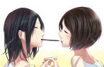  2girls black_hair brown_hair chagataaa closed_eyes food multiple_girls original pocky pocky_kiss shared_food short_hair simple_background sleeveless white_background yuri 