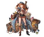  1girl bag belt boots fingerless_gloves full_body gem gloves goggles gold granblue_fantasy gun hat holding holding_weapon jacket knee_boots long_coat long_hair looking_at_viewer mary_(granblue_fantasy) midriff minaba_hideo oil_lamp one_eye_closed orange_eyes orange_hair pleated_skirt short_sleeves simple_background skirt smile solo treasure_chest weapon 