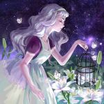  1girl birdcage blurry_background butterfly cage closed_eyes dress flower hairband lily_(flower) night night_sky outdoors profile skull sky solo standing taketori white_dress white_hair 
