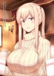  1girl bangs blonde_hair breasts ceiling coffee cup curtains eyebrows eyebrows_visible_through_hair fringe graf_zeppelin_(kantai_collection) hair_between_eyes hair_tie highres holding holding_cup indoors kantai_collection lamp large_breasts long_sleeves looking_at_viewer mug night osterei parted_lips ribbed_sweater sidelocks solo steam sweater translation_request turtleneck twintails upper_body violet_eyes wall wallpaper_(object) window 