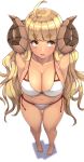  1girl :o ahoge alternate_costume anila_(granblue_fantasy) arms_behind_back bangs bare_arms bare_legs bare_shoulders barefoot bikini blonde_hair blunt_bangs blush breasts cleavage collarbone doraf eyebrows eyebrows_visible_through_hair foreshortening from_above granblue_fantasy highres horns large_breasts long_hair looking_to_the_side michihasu navel open_mouth perspective red_ribbon ribbon side-tie_bikini simple_background solo standing stomach swimsuit thick_eyebrows thigh_gap very_long_hair wavy_hair white_background white_bikini yellow_eyes 