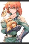  1girl absurdres belt blush breasts creature gloves hand_on_hip highres kaze_no_tani_no_nausicaa looking_at_viewer nausicaa orange_hair red_eyes shikuro_(masax1107) smile teto 