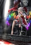  1girl blonde_hair blood blood_on_face bloody_hands flag flandre_scarlet hat hat_ribbon highres open_mouth red_eyes red_ribbon ribbon ryosios short_hair skeleton solo touhou wings 