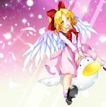  1girl :d aka_tawashi black_shoes black_vest blonde_hair blush bobby_socks bow bowtie dress_shirt feathered_wings feathers full_body gengetsu hair_bow hair_intakes highres long_sleeves looking_at_viewer open_clothes open_mouth open_vest pink_legwear pink_shirt pink_skirt puffy_long_sleeves puffy_sleeves red_bow red_bowtie riding shirt shoes short_hair skirt skirt_set smile socks solo touhou touhou_(pc-98) v_arms vest white_wings wings yellow_eyes 