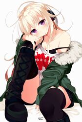  1girl 2016 bangs bare_shoulders bed_sheet between_legs black_legwear blush boots breasts cleavage collarbone cosplay cross-laced_footwear dated fur-lined_jacket green_jacket hair_between_eyes hand_between_legs head_rest headphones jacket knee_up lace-up_boots long_hair long_sleeves looking_at_viewer medium_breasts messy_hair mizuki-chan_(sasahara_wakaba) off-shoulder_shirt on_bed original persona persona_5 print_shirt sakura_futaba sakura_futaba_(cosplay) sasahara_wakaba shirt simple_background sitting sleeves_past_wrists solo strap_slip thigh-highs violet_eyes white_background white_hair 