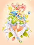  1girl breasts butterfly choker cleavage dress drill_hair highres holding long_hair looking_at_viewer one_leg_raised original pink_hair solo soo_kyung_oh spring_(season) yellow_eyes 