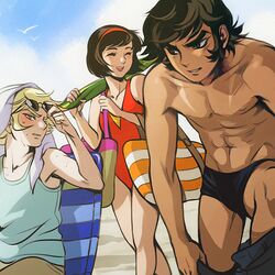  1girl 2boys artist_request asuka_ryou black_eyes black_hair blonde_hair blue_eyes blush brown_hair closed_eyes devilman eyebrows fudou_akira hairband lowres makimura_miki male_swimwear multiple_boys one-piece_swimsuit red_swimsuit short_hair smile sunglasses sunglasses_on_head swim_trunks swimsuit swimwear umbrella undressing 