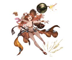  1girl bag belt bikini bomb bracelet breasts cleavage flower full_body glasses granblue_fantasy hair_flower hair_ornament hat jewelry long_hair mary_(granblue_fantasy) minaba_hideo open_mouth orange_eyes orange_hair sandals smile solo striped striped_bikini sun_hat swimsuit transparent_background weapon 