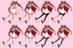  adapted_costume alternate_legwear bare_shoulders bike_shorts black_legwear brown_eyes brown_hair dress garter_straps hair_ribbon hat kantai_collection libeccio_(kantai_collection) long_hair looking_at_viewer multiple_persona open_mouth pantyhose pink_background red_sweater ribbon sailor_dress shoes sleeveless striped striped_legwear sweater thigh-highs twintails white_legwear 