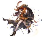  1girl boots brown_eyes brown_hair cape confetti detached_sleeves frills full_body granblue_fantasy hat juliet_sleeves long_hair long_sleeves looking_at_viewer looking_back minaba_hideo open_mouth puffy_sleeves pumpkin shorts simple_background smile sparkle sword weapon white_legwear 