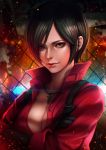  1girl ada_wong black_gloves black_hair breasts cleavage face gloves jewelry light_smile lips looking_at_viewer magion02 necklace parted_lips red_eyes resident_evil short_hair solo 