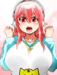  &gt;:o 1girl :o blush breasts headphones isuna large_breasts long_hair looking_at_viewer nitroplus open_mouth pink_eyes pink_hair smile solo super_sonico 