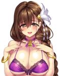  1girl bare_shoulders bell bell_collar blush bow bra bracelet braid breasts brown_eyes brown_hair cleavage collar flower gan_(shanimuni) hair_flower hair_ornament hands_on_own_chest jewelry kanpani_girls large_breasts lipstick looking_at_viewer makeup mole mole_under_eye open_mouth shirayuri_sakura simple_background solo underwear white_background 
