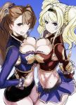  &gt;:) 2girls :d @_@ alternate_eye_color armor armpit_cutout asymmetrical_bangs bangs beatrix_(granblue_fantasy) belt bikini_armor black_shorts blonde_hair blush braid breast_press breasts brown_eyes brown_hair closed_mouth crying crying_with_eyes_open eyebrows eyebrows_visible_through_hair friends gauntlets gradient gradient_background granblue_fantasy groin hair_between_eyes hair_intakes hair_ornament hairband hand_on_hip large_breasts long_hair long_sleeves looking_at_viewer miniskirt multiple_girls navel open_mouth pleated_skirt purple_skirt short_shorts shorts sidelocks sketch skirt smile sweat symmetrical_docking tears tooya_daisuke twin_braids twintails v violet_eyes zeta_(granblue_fantasy) 