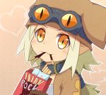  1girl blonde_hair brown_hat choker disgaea doria_(5073726) food gloves goggles goggles_on_head hat heart jacket long_hair looking_at_viewer mouth_hold orange_background pocky pocky_day pointy_ears smile solo thief_(disgaea) upper_body yellow_eyes 