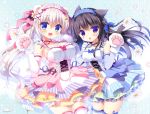  2girls :d animal_ears arm_behind_back bear_ears blue_bow blue_eyes blue_ribbon blush bow braid breasts brown_hair cat_ears cat_tail chestnut_mouth detached_sleeves eyebrows eyebrows_visible_through_hair fang flat_chest flower frilled_sleeves frills hair_between_eyes hair_ornament hand_on_another&#039;s_shoulder head_tilt high-waist_skirt long_hair looking_at_viewer maid_headdress medium_breasts multiple_girls neck_ribbon open_mouth original paws petals red_ribbon ribbon sasai_saji silhouette smile standing star star_hair_ornament tail thigh-highs twintails very_long_hair violet_eyes watermark white_legwear x_hair_ornament 