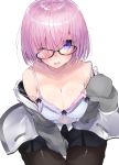  1girl absurdres bad_id bangs bare_shoulders black-framed_eyewear black_legwear blazer blue_eyes blush breasts cleavage collarbone commentary_request eyebrows eyebrows_visible_through_hair eyes_visible_through_hair fate/grand_order fate_(series) from_above glasses hair_over_one_eye highres jacket kou_mashiro large_breasts long_sleeves looking_at_viewer looking_up off_shoulder one_eye_closed open_mouth pantyhose pink_hair pleated_skirt shielder_(fate/grand_order) short_hair signature simple_background sitting skirt sleeves_past_wrists solo strap_slip violet_eyes wavy_mouth white_background 