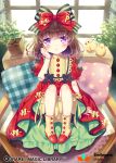  bird bloomers boots bow brown_hair company_name copyright_name doll_joints dress hair_bow indoors looking_at_viewer manle official_art original pillow qurare_magic_library red_dress sitting sprout underwear violet_eyes watermark window 
