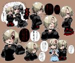  +_+ ayame_(0419) blonde_hair blood blood_stain brown_background brown_eyes dress evil_smile gothic_lolita grey_hair hair_over_one_eye happy hood hoodie idolmaster idolmaster_cinderella_girls kanzaki_ranko lolita_fashion long_sleeves looking_at_viewer looking_back morikubo_nono nervous plaid plaid_skirt red_eyes scared shirasaka_koume simple_background skirt sleeves_past_wrists smile translation_request twintails 