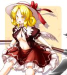  1girl :d aka_tawashi blonde_hair blush bow breasts brown_ribbon brown_shirt center_opening cowboy_shot elly hat hat_bow holding holding_weapon looking_at_viewer medium_breasts navel neck_ribbon open_clothes open_mouth open_shirt petticoat puffy_short_sleeves puffy_sleeves red_bow red_skirt ribbon scythe shirt short_hair short_sleeves skirt smile solo stomach touhou touhou_(pc-98) weapon white_hat yellow_eyes 