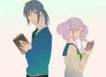  00s 1boy 1girl artist_request belt blue_eyes blue_hair book dark_skin keele_zeibel long_hair meredy necktie pants ponytail purple_hair school_uniform smile tales_of_(series) tales_of_eternia twintails violet_eyes 