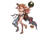 1girl bag bare_shoulders belt bikini bomb bracelet breasts cleavage flower glasses granblue_fantasy hat holding jewelry long_hair looking_at_viewer mary_(granblue_fantasy) minaba_hideo one_eye_closed open_mouth orange_eyes orange_hair plaform_clogs sandals simple_background solo striped striped_bikini sun_hat swimsuit 