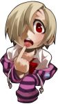  1girl ayame_(0419) blonde_hair bow hair_over_one_eye heart heart-shaped_pupils hood hoodie idolmaster idolmaster_cinderella_girls looking_at_viewer open_mouth pointing pointing_at_self shirasaka_koume short_hair sleeves_past_wrists solo symbol-shaped_pupils tongue tongue_out upper_body white_background 