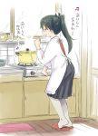  1girl :d black_hair blush closed_eyes commentary_request dancing ebifly from_behind full_body houshou_(kantai_collection) indoors kantai_collection kappougi long_hair musical_note open_mouth ponytail pot sandals smile solo stove translated twitter_username white_legwear 