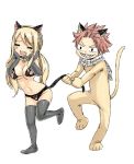  1boy 1girl animal_costume animal_ears bell bell_collar bikini blonde_hair blush breasts cat_costume cat_ears cat_tail collar elbow_gloves fairy_tail gloves lucy_heartfilia mashima_hiro natsu_dragneel open_mouth paw_print pink_hair scarf sharp_teeth swimsuit tail tail_pull teeth thigh-highs twintails wavy_mouth 