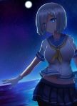 1girl blue_eyes blue_skirt breasts eyebrows eyebrows_visible_through_hair eyes_visible_through_hair gloves hair_ornament hair_over_one_eye hairclip hamakaze_(kantai_collection) kantai_collection large_breasts looking_at_viewer midriff moon navel night night_sky ocean pantyhose short_sleeves silver_hair skirt sky smile solo star white_gloves wosero 